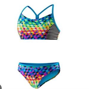 Speedo Little Girls' Illusion Cubes Splice Camikini 2 Piece, Multi, 12